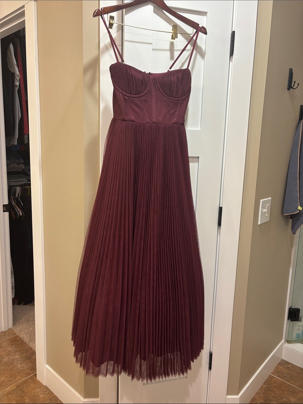 Hutch Burgundy Pleated Midi Dress with Spaghetti Straps